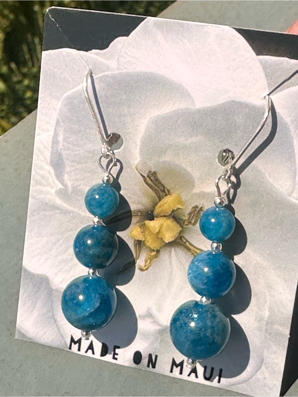 Blue Apatite Triple tiered Round 6/8/10mm Bead .925 Silver 2” Dangle Earrings
